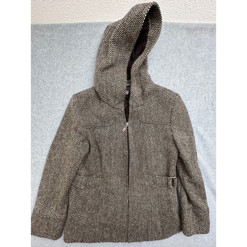 Croft & Barrow Wool Blend Hooded Tweed Jacket Brown Cream Zip Up Medium